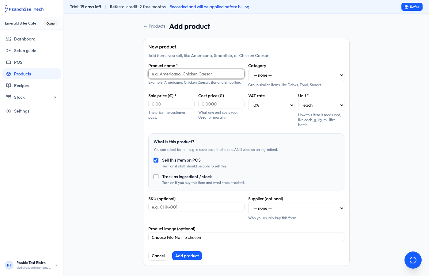 Set your TVA rates on products