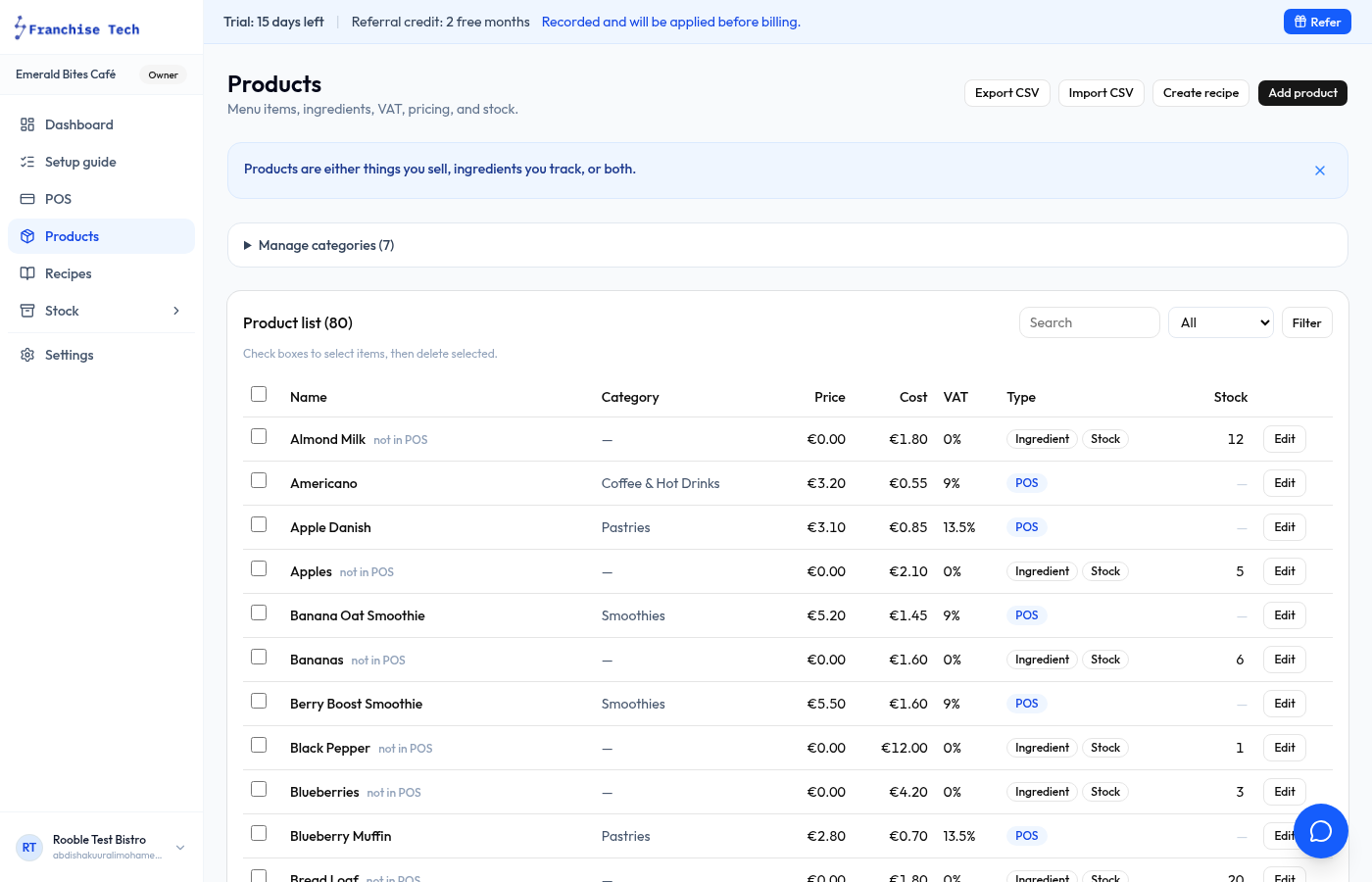 Product list with cost, price and margin columns